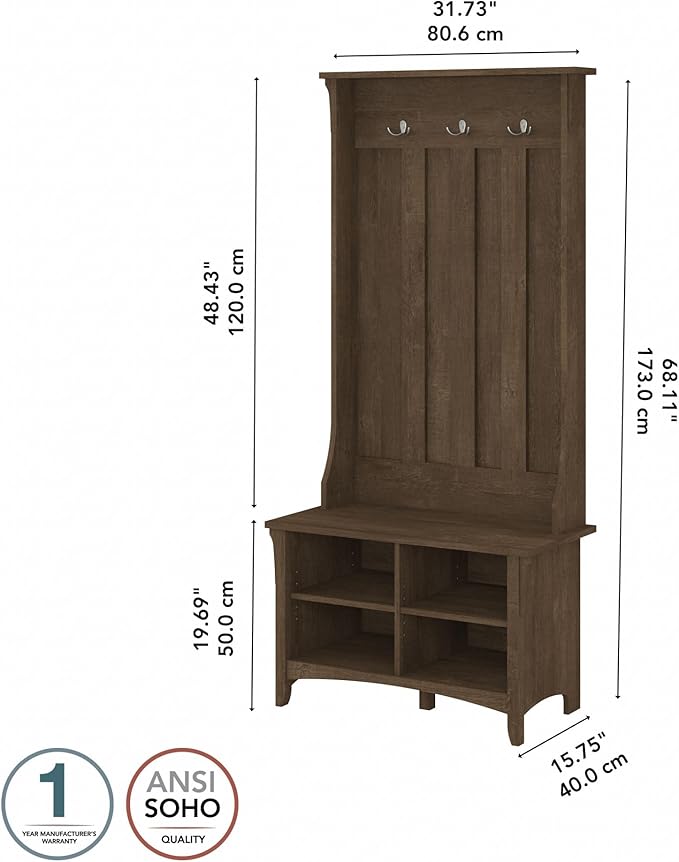 Bush Furniture Salinas Hall Tree with Shoe Storage Bench in Ash Brown, Multi-Purpose Home Organizer, Entryway Solution with Seating and Hooks