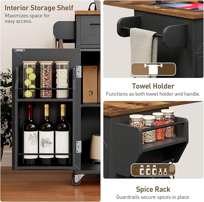 Kitchen Island with Power Outlets & Drop Leaf, Kitchen Cart with Storage, Drawer and Spice Rack, Tower Rack, Island Table, Black and Rustic Brown