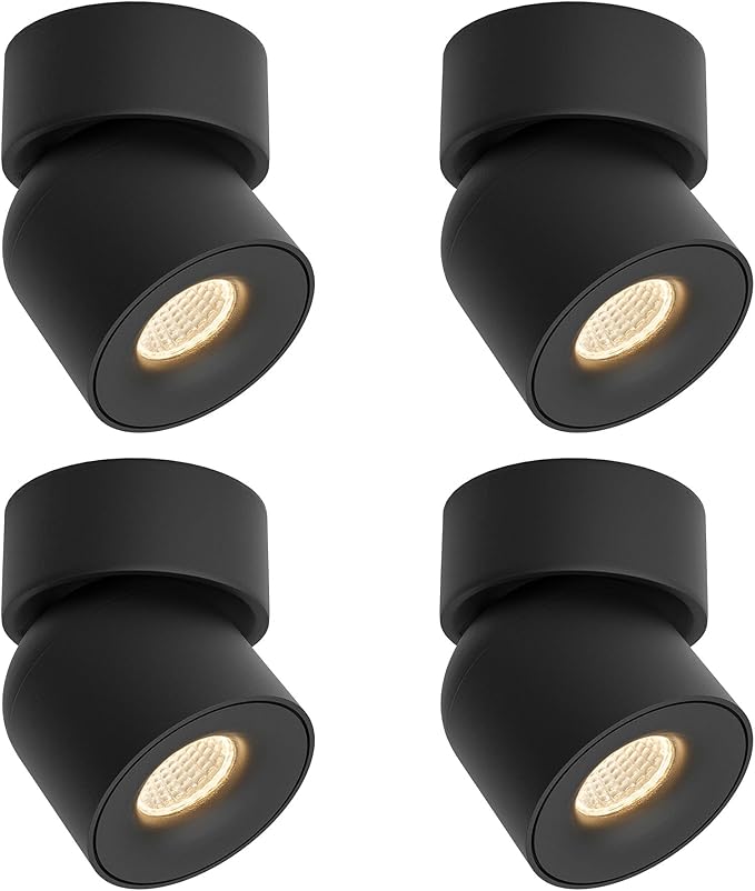 Aisilan 4 Packs LED Dimmable Adjustable 360° Ceiling Spotlight Indoor Directional Light Surface Mounted 9W 3000K Warm White Aluminum Spots Light for Cabinet Gallery Hallway Corridor, Black