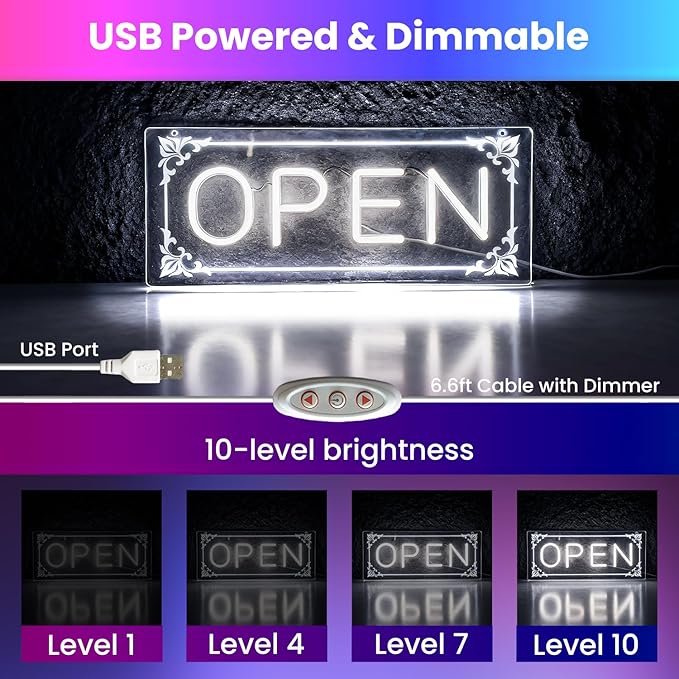Open Signs for Business, LED Neon Open Sign Lighted Open Lights for Business Window Door Wall Hanging Coffee Snack Bar Restaurant Barbershop Retails Store Shop, USB Power & Dimmab