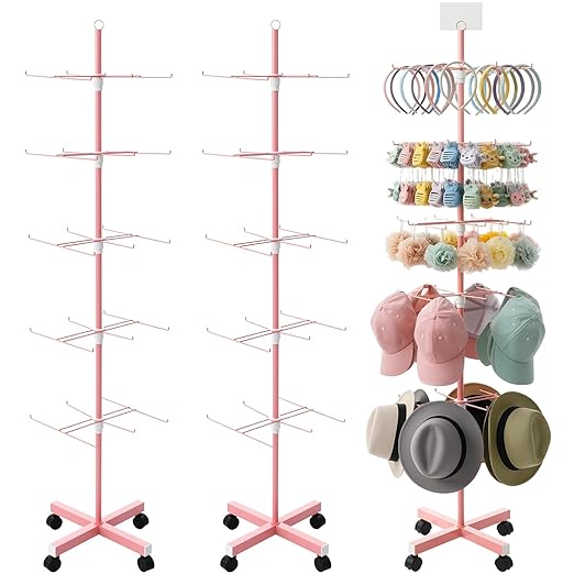 Ripeng 2 Pcs 5‑Tier Retail Display Stand – Rotating Display Rack with Wheels for Jewelry Keychains Socks Hats – Adjustable Movable Shop Spinner for Craft Shows Vendor Events & Stores Accessories, Pink
