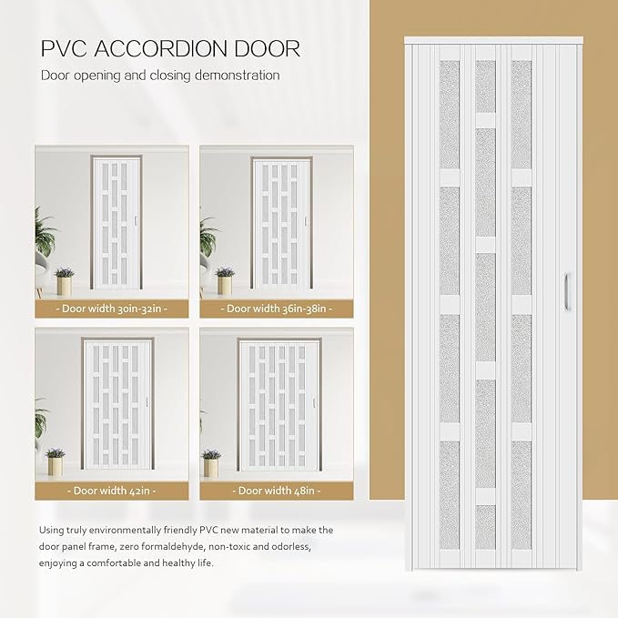 30X79in Frosted Acrylic Glass PVC Accordion Folding Door for Closet,Multifold Interior Door with Installation Hardware,Includes Handle and Latch,White Beech