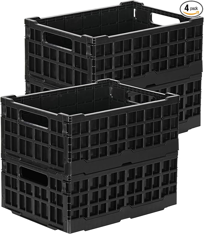 4-Pack Heavy Duty Stackable Storage Crates Plastic Collapsible Milk Crate Garage Organizing Bins Storage Containers for Home Office Moving Supplies, Black