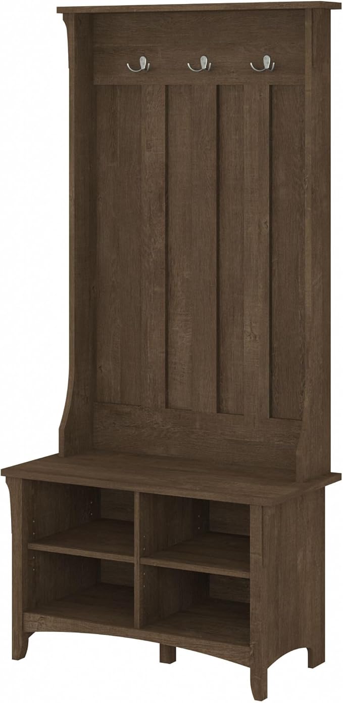Bush Furniture Salinas Hall Tree with Shoe Storage Bench in Ash Brown, Multi-Purpose Home Organizer, Entryway Solution with Seating and Hooks
