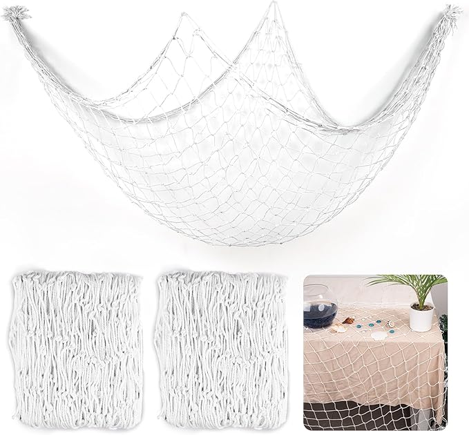 2 Pcs Fish Net Decorations, 39x78 Inch Cotton Nautical Themed Fishing Net, Wall Hanging Photo Display Fishnet for Coastal Bedroom Bathroom, Pirate Beach Under The Sea Party Decor, Bleached White
