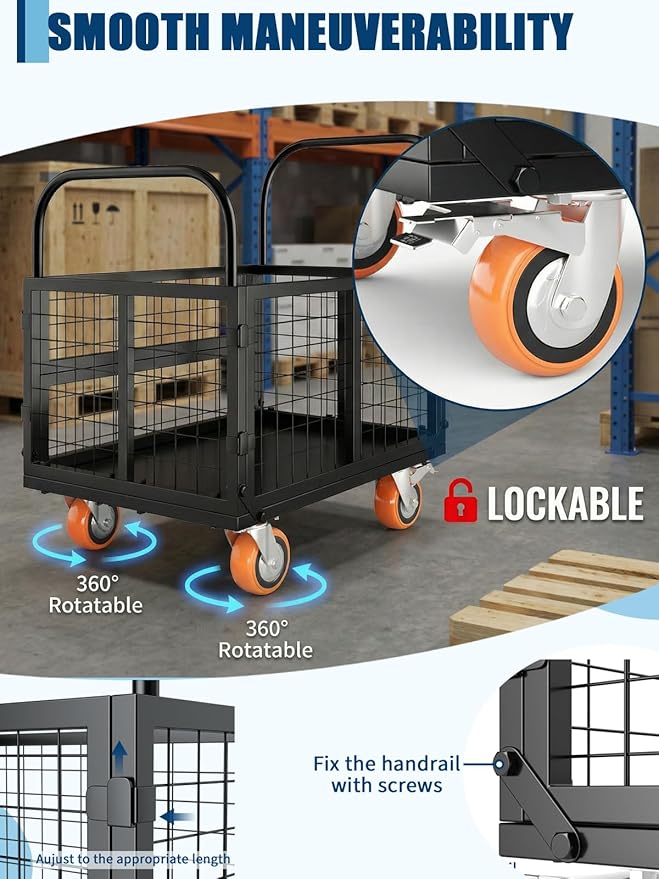 6-in-1 Platform Truck Cart with Cage, Foldable Hand Truck Load 1800 LBS with 4 Wheels Push Cart Dolly for Grocery, Laundry, Garage, Warehouse (Black+Orange)
