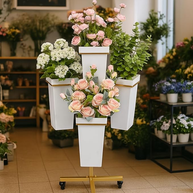 DYALE Flower Display Stand with Buckets - Flower Cart with Wheels for Bouquet Shop, Metal Flower Rack Display Stand for Wedding Garden, Party, Events (Gold, Square buckets)