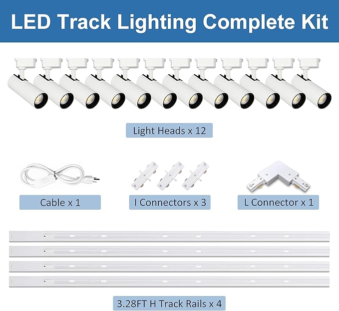 Super Brightness 6000K Cool Light Dimmable Brightness 25W 2000lm H Type LED White Track Lighting Kit System with 13 FT Track Rails, Ceiling Spotlight Fixture with Installation Package