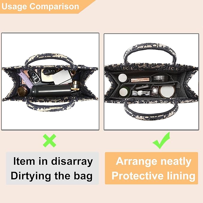 Doxo Purse Organizer Insert, Felt Tote Organizer Insert with Zipper, Bag Liner Perfect for L Onthego MM 35 & D Book Tote Medium (Grey-With Cover)