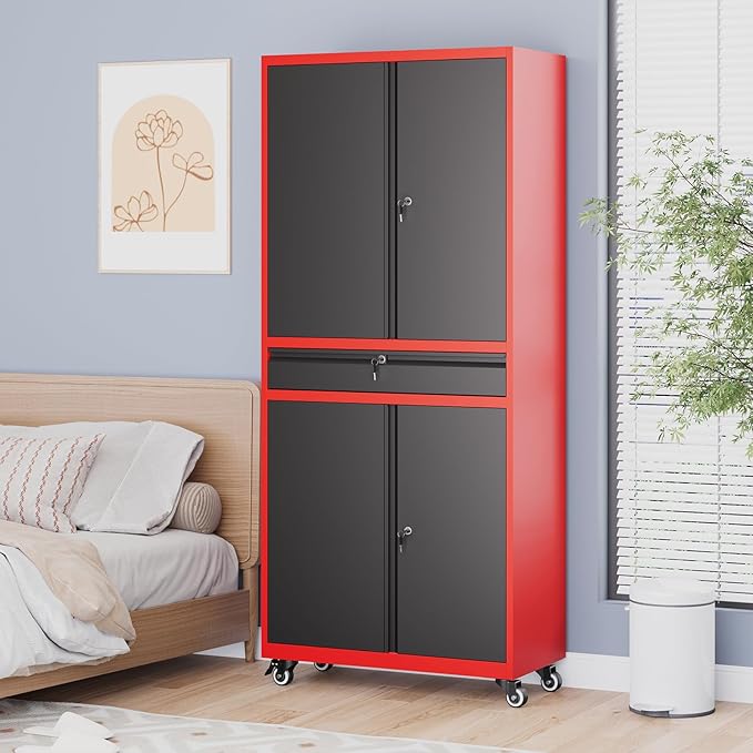 73" Metal Garage Storage Cabinet with Wheels， Rolling Tool Storage with Locking Doors， Adjustable Shelves and Drawer, Heavy Duty Steel Tool Cabinet for Garage, Warehouse, School(Red Black)