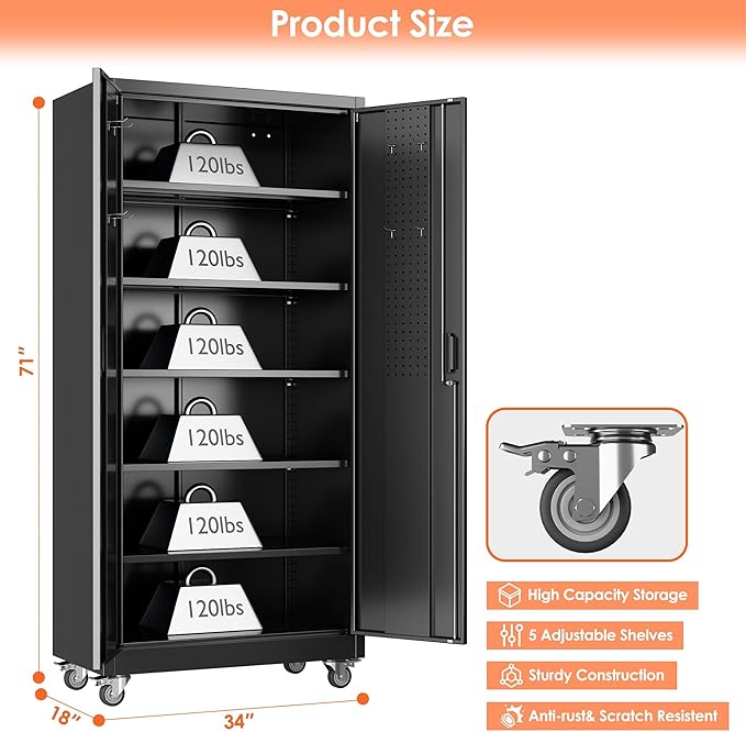 Aobabo Upgrade 71H''*34''W*18''D Metal Garage Storage Cabinet with Wheels and Pegboards, 5 Adjustable Shelves Steel Storage Cabinets for Home,Warehouse,Garage,Black,Assembly Required