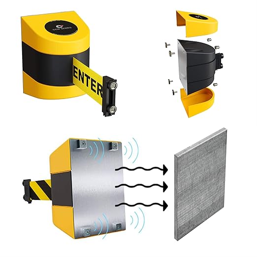 Crowd Control Warehouse - CCW Series WMB-220 Magnetic Wall Mount Retractable Belt Barrier - 15 Foot, Black with"Please Wait HERE" White Letters Belt with Yellow ABS Case