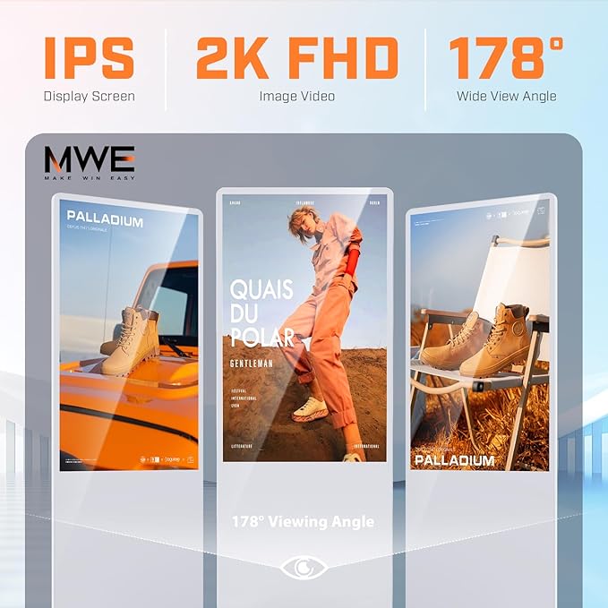MWE 37 Inch Digital Signage Displays, LCD Screen Advertising Kiosk with Custom Service, Indoor Floor Standing Commercial Totem, Android System Vertical Poster with Auto Media Player-White