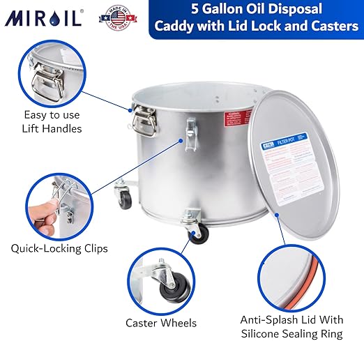 MirOil Oil Disposal Caddy with Caster Wheels (5 Gallon) – Heavy-Duty Steel Filter Pot and Lid Lockfor Commercial Kitchen 35 LB Disposal Storage - Grease Container for Kitchen - Model #40LC