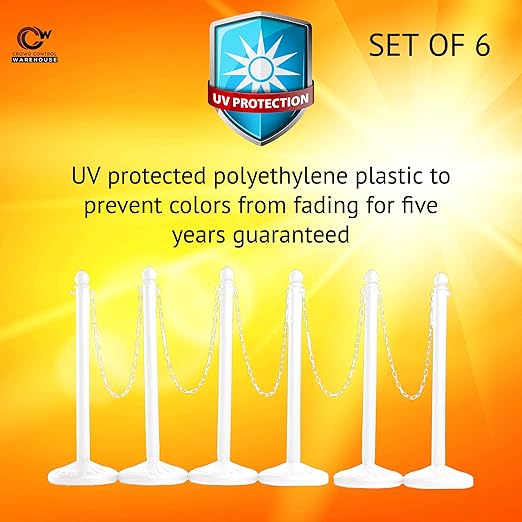 Montour Line Plastic Stanchion White 2.5 Inch Diameter with 50 Foot Chain, 6-Pack, Crowd Control Barriers