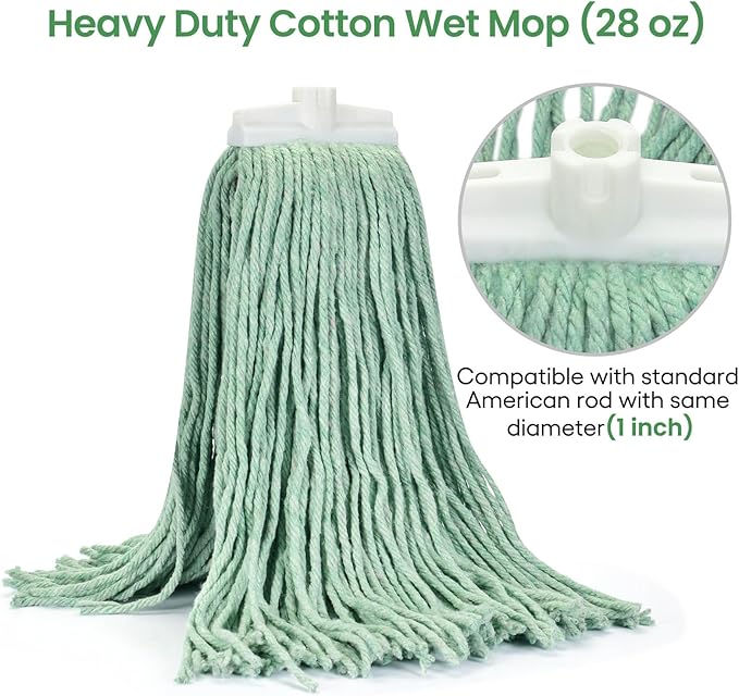 Matthew Cleaning Screw-on Heavy Duty Cotton Wet Mop Replacement Heads(Green, Large,12 Pack) with 2 Pack Microfiber Cloth for Residential & Commercial Floor Cleaning Use- Fit Standard American Screw