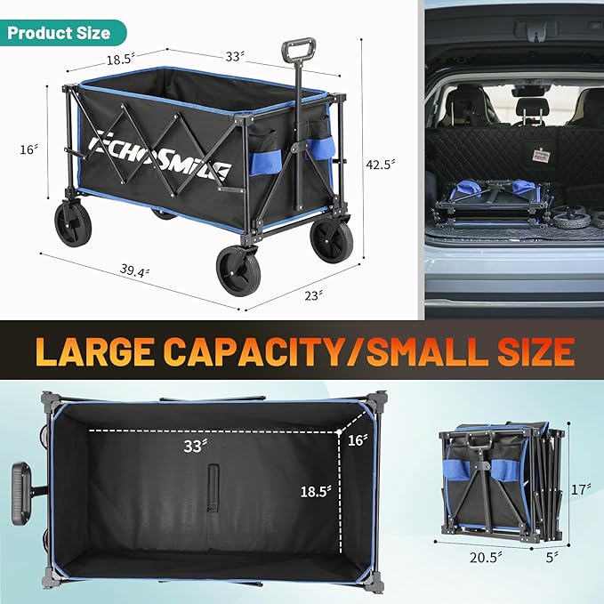 EchoSmile Collapsible Foldable Wagon Cart with 350lbs Weight Capacity, Heavy Duty Folding Utility Sport Wagon with Removeble Wheels for Camping,Grocery,Garden,Beach,Black &Blue
