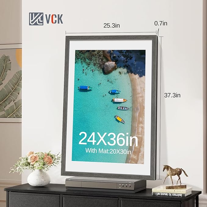 VCK 24x36 Poster Frame 5 Pack - Grey, High-End Wood Picture Frames with Polished Plexiglass, Display 20x30 Photo with Mat or 24x36 without Mat, Art Gallery-Quality, Wall Hanging, Grey
