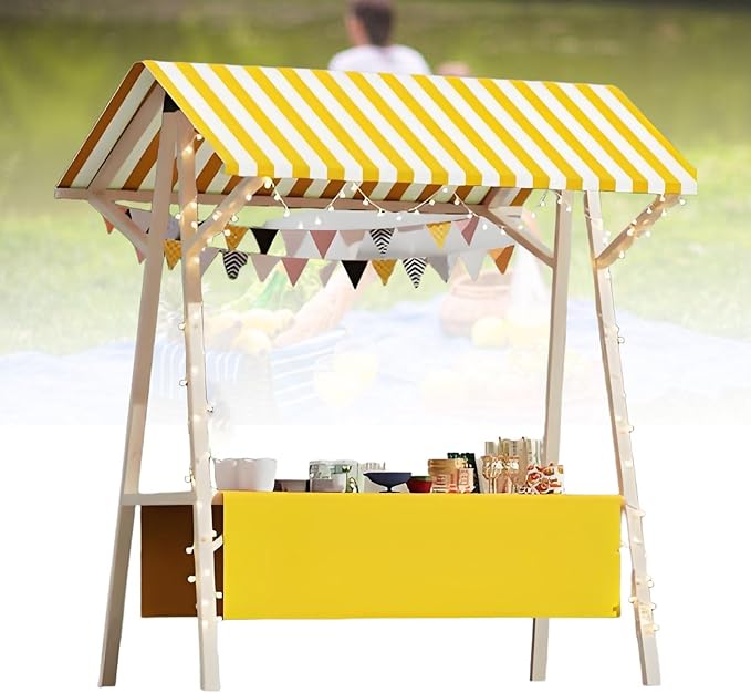 Collapsible Mobile Market Stall Carts Vendor on Wheels, Wood Outdoor Vendor Cart, Easy to Assemble for Parties, Birthdays, Weddings, Bar(Yellow1,150cm/59in)