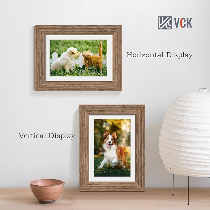 VCK 5x7 Picture Frame 2 Pack - Walnut, High-End Wood Poster Frames with Tempered Glass, Display 4x6 Photo with Mat or 5x7 without Mat, Art Gallery-Quality, Wall Hanging/Tabletop, Walnut