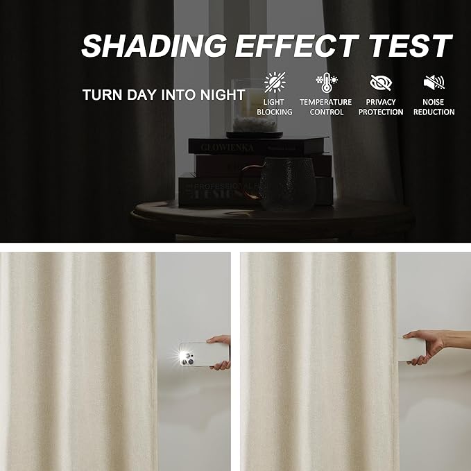 DUALIFE Blackout Pinch Pleated Curtains for Bedroom 92 Inch Length, Linen Blended Farmhouse 100% Blackout Thermal Insulated Back Tab Drapes with Hooks for Track System 2 Panels-Natural, W50xL92