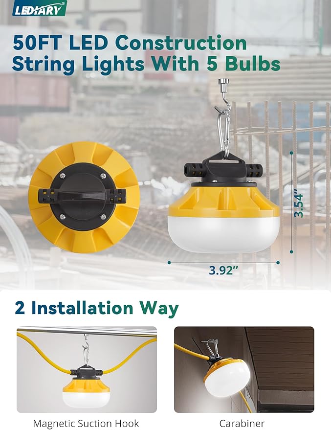 LEDIARY 50FT LED Construction String Lights, 50W 5000LM String Work Light, Linkable Temporary Lighting for Jobsite, Patio, Indoor, Outdoor-ETL Listed