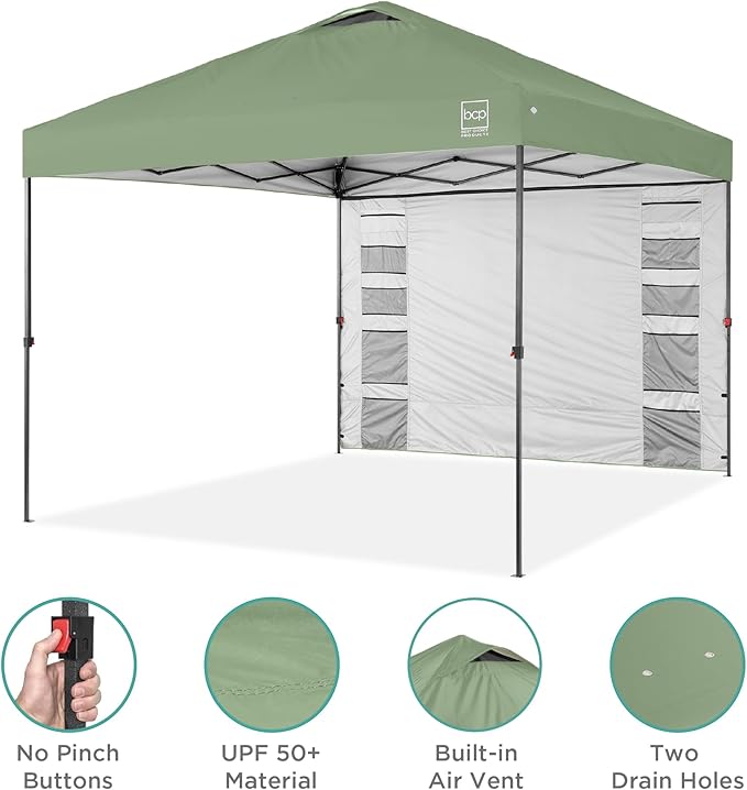 Best Choice Products 10x10ft Easy Pop Up Canopy w/Side Wall, 10 Pockets, Portable Carrying Case, 1-Button Setup, 4 Weight Bags - Sage Green