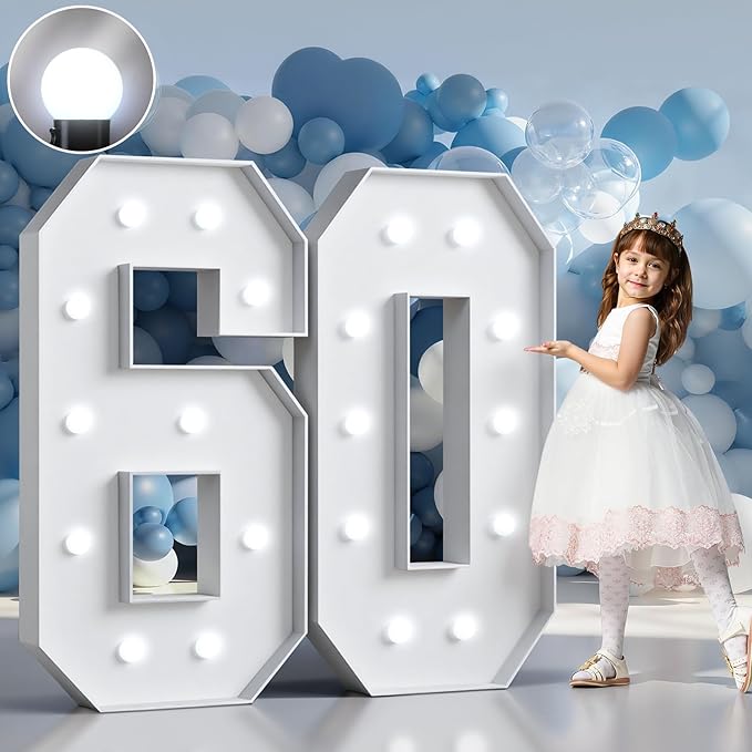 Marquee Numbers 4 Feet Tall Big Light Up Numbers 60th Birthday Decorations Women Men White Anniversary Party Decor Large Cardboard Prop Backdrop Sign 60