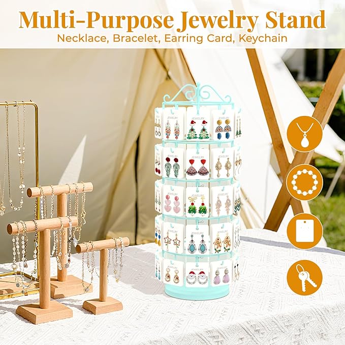 EsLuker.ly Earring Holder Organizer Rotating Display Tree Stand, Adjustable Height Earring Card Hanger Rack with 50 Hooks for Vendors Market Selling, 5 Tier Metal Jewelry Storage Tower,Blue