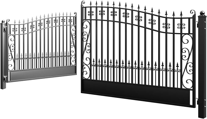 ZUMI Dual Swing Driveway Gates, 18x6 ft. Outdoor Steel Swing Gates for Driveway, Heavy-Duty Driveway Fence Gates for Home Security, Weatherproof Iron Security Gate Kit for Outdoor, Greerwich Style