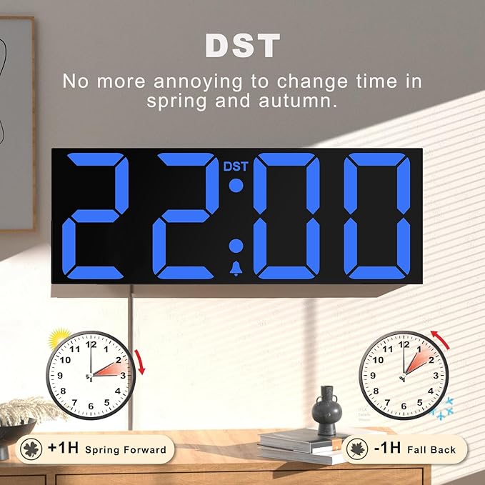 JALL 22'' Large Digital Wall Clock, Big LED Number Dispaly, DST, Night Light for Classroom, Living Room, Bedroom, Mounted, Birthday Xmas Gift for Senior, Mem Womem Mom Dad, Blue