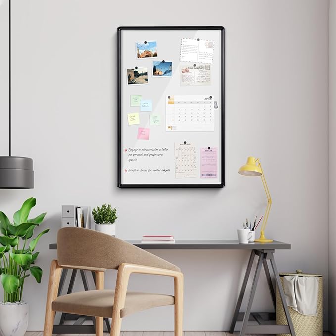 Enclosed Bulletin White Board 36x24 in, Lockable Wall Display Case for Office School Home Commercial, Tamperproof and Shatter Resistant, Black Aluminum Frame