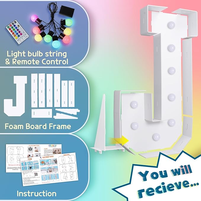 imprsv 3FT Colorful Marquee Letters J, 18 Colors Large Light up Letters Alphabet Sign with Remote, Big Marry Me Sign, Birthday Party Decorations Anniversary Wedding Decoration