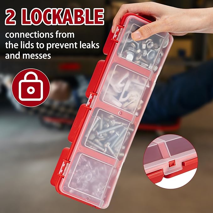 Hushee 4 Pcs Screw Organizer Box with Lid 4 Compartments Tool Bin Divider Plastic Stackable Hardware Organizer Small Part Storage Sorting Screw Box for Garage Workbench Craft Storage (Red)