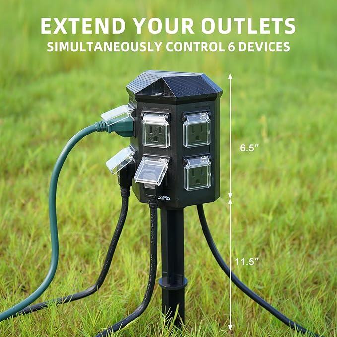 TiFFCOFiO Outdoor Power Strip Weatherproof, 50 FT Extension Cord with Power Stake, 6 Grounded Outlets for Outdoor Lights, 15A/1875W, ETL Listed