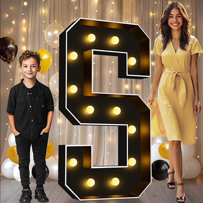 Pooqla 4 FT Marquee Light Up Letters, Black Letter Lights 4 Feet Tall, Giant Sign Big Mosaic for Balloons Birthday Party Anniversary Wedding Decorations, Warm White S
