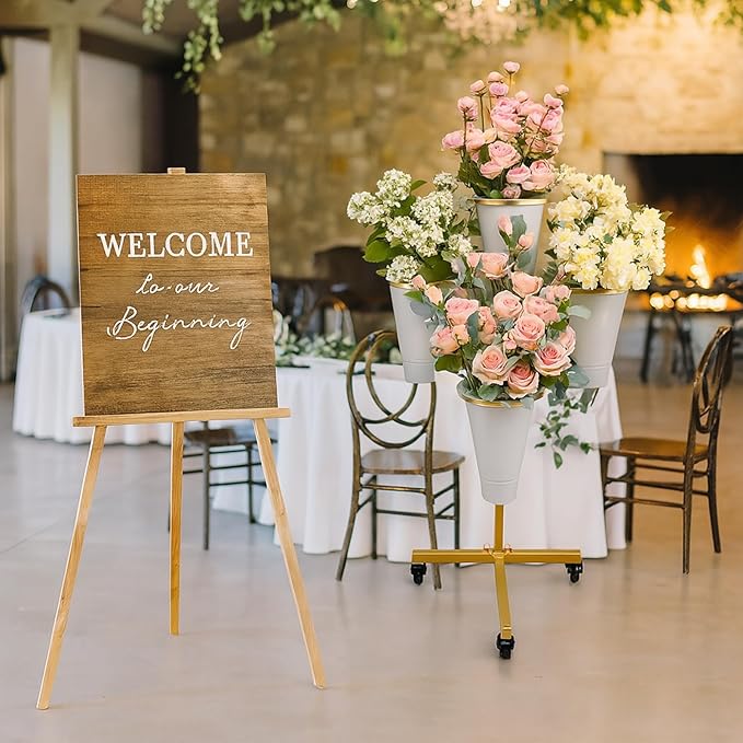 DYALE Flower Display Stand with Buckets - Flower Cart with Wheels for Bouquet Shop, Metal Flower Rack Display Stand for Wedding Garden, Party, Events (Gold, Round buckets)