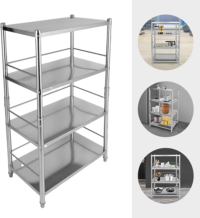 Stainless Steel Shelving, 31.5"x15.8" 4 Tier Adjustable Shelf Storage Organizer, 200lbs/Layer Heavy Duty Commercial Office Garage Storage Unit, Standing Shelf Shelving for Store & Display Good