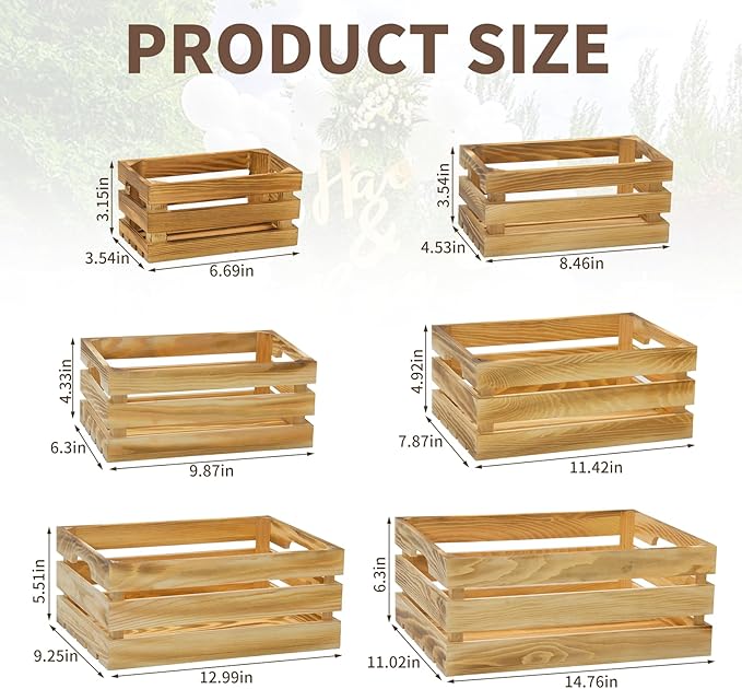 Wooden Crates for Display 6 Pack Large Rustic Nesting Wooden Basket with Handle, Decorative Farmhouse Wood Crate for Storage and Container, 6 Size Wood Basket Decor Boxes