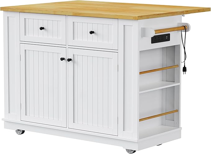 Rolling Kitchen Island with Drop Leaf & Power Outlet, Large Kitchen Islands Cart on Wheels, Movable Kitchen Island with 5 Open Storage Shelves & Towel Rack for Kitchen, Dining Room, 48-Inch, White