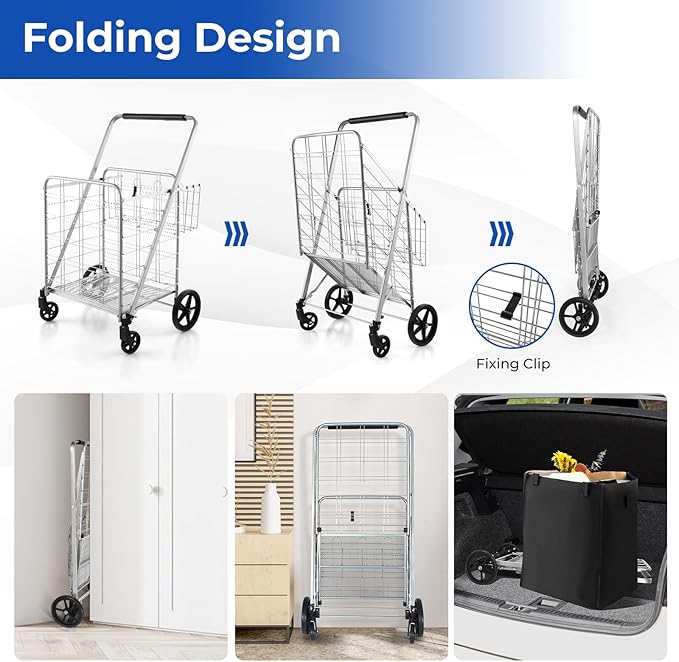 Goplus Shopping Cart for Groceries, Jumbo Upgraded Folding Grocery Cart with Waterproof Liner, 330 LBS Weight Capacity, 360° Swivel Wheels, 33 Gal Double Basket, Heavy Duty Foldable Utility Cart