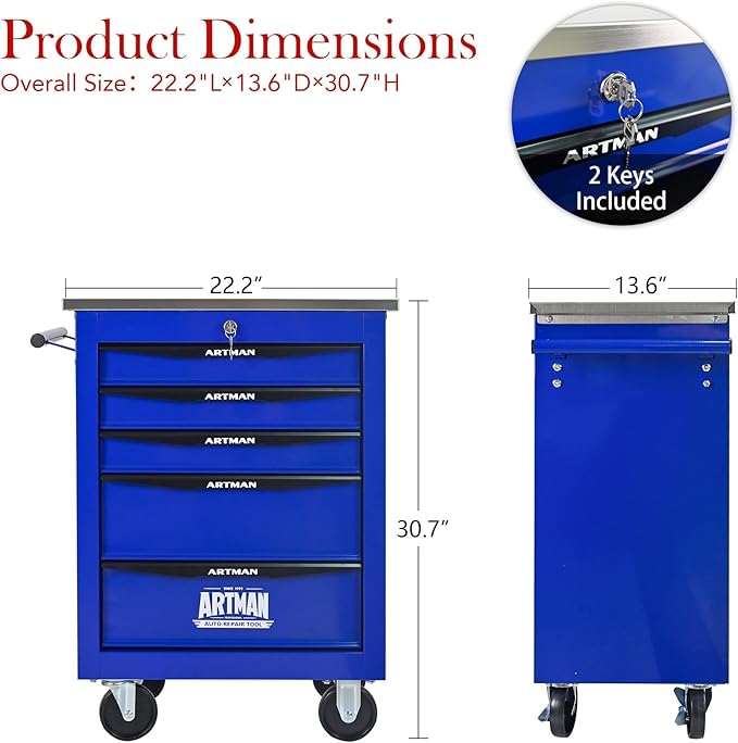 5-Drawer Heavy-Duty Rolling Tool Chest with Wheels & Steel Roof, Lockable Tool Chest Storage Cabinet for Garage, Workshop, Warehouse, and Repair Shop