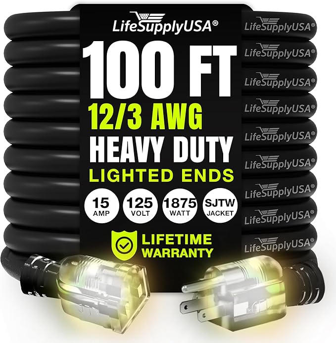 100ft Outdoor/Indoor Extension Cord 12/3 Gauge Extra Heavy Duty 3 Prong SJTW, Waterproof, Flexible Cold-Resistant Long Power Cord,15A 125V 1875W, Black by LifeSupplyUSA
