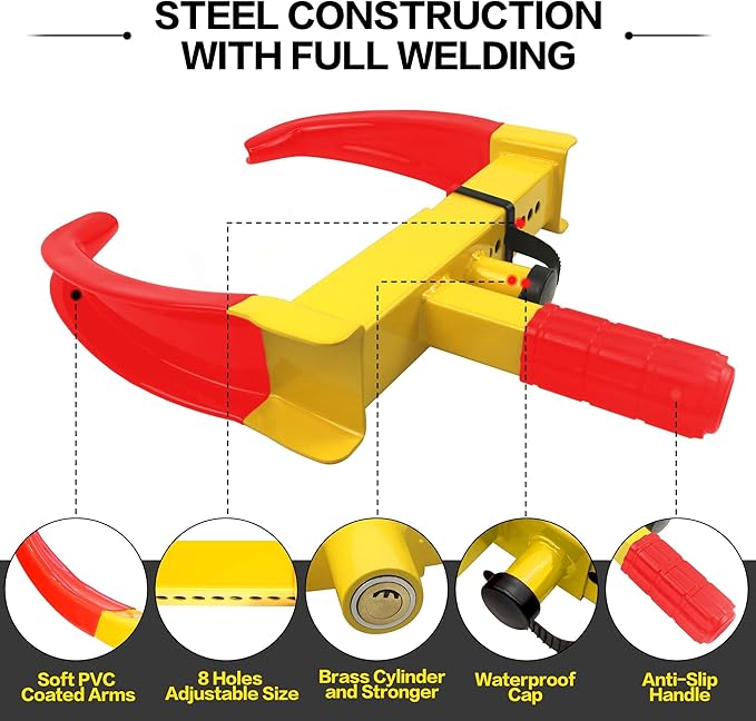 KAYCENTOP Wheel Clamp Lock Universal Security Tire Locks Anti Theft Lock Fit Most Vehicles Max 11" Tire Width for Trailers SUV Boats ATV's Motorcycles Golf Cart Yellow/Red 2 Packs 6 Keys Alike
