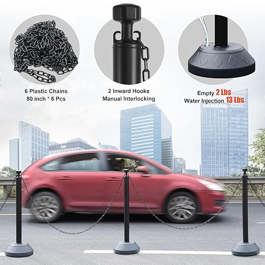 6-Set Pack 40" inch Black Work Zone Chain Post Set, Traffic Queue Delineator Post Cones, 6 x 6.6' Feet Plastic Chains, Portable Crowd Control Stanchions Set (Black-Water Filled Base)