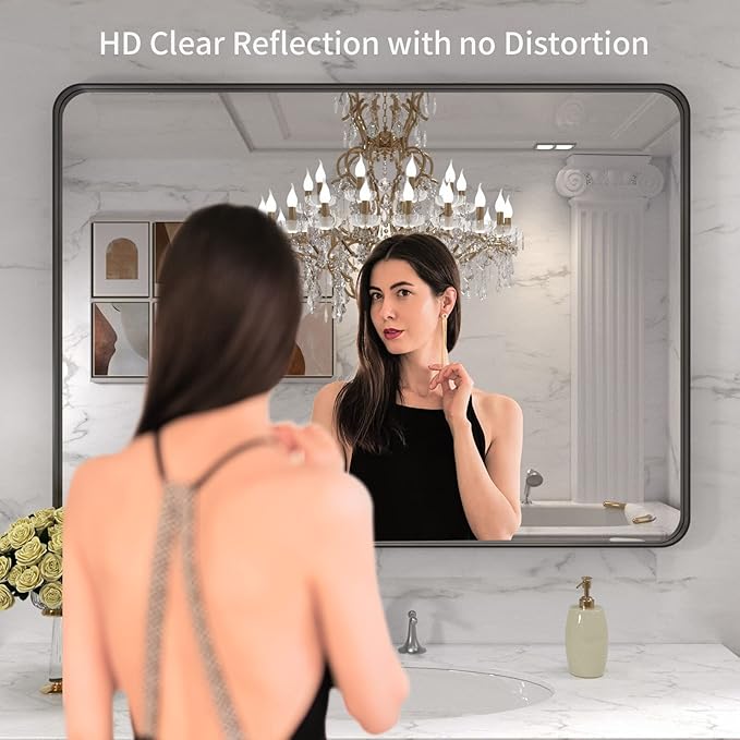 LOAAO 40X32 Inch Black Metal Framed Bathroom Mirror for Wall, Matte Black Bathroom Vanity Mirror Farmhouse, Large Rounded Rectangle Mirror, Anti-Rust, Tempered Glass, Hangs Horizontally or Vertically
