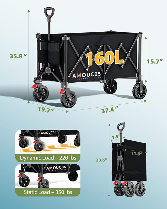 Wagons Carts Foldable, 350LBS Collapsible Wagon with 360° Rotating Wheels, Brakes, and Side Pocket, Large Capacity 160L Wagon Cart for Shopping, Park, Camping and Outdoor Use
