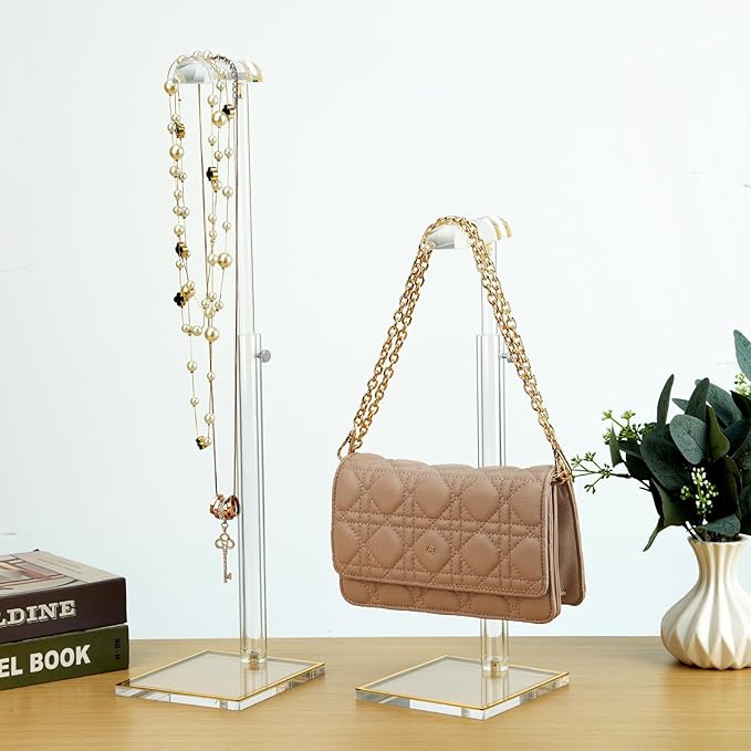 Adjustable Purse Display Stands, 2pc-9" to 16"&13"-24", Acrylic Purse Holder Stand, 8.5mm Thick Base Clear Handbag Hanging Stand for Vendor Boutique Retail Counter Display Tote Bag Clutch Jewelry