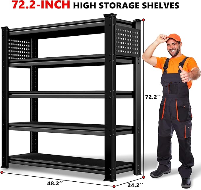 SILVEL 48.2" W Garage Shelving, 5000LBS Heavy Duty Metal Shelving, 2025 Solid Storage Shelves with 2 Side Pegboards, Industrial 5 Tier Shelves for Basement Pantry Warehouse Supermarket, 2 Pack