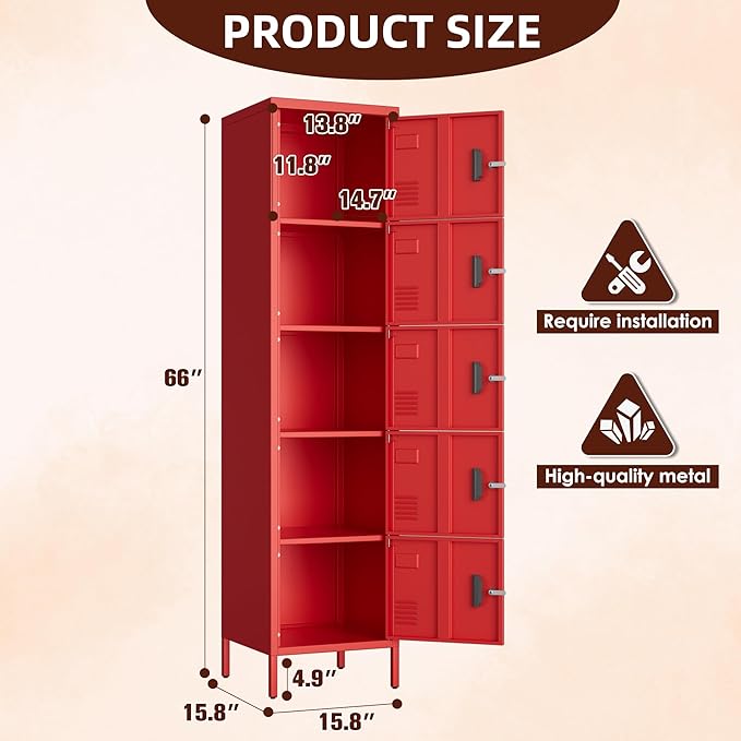 Aobabo 16" W 5 Door Metal Storage Locker with Lock, 66" H Steel Locker with Name Card Holder and Metal Leg for School, Home, Office, Playroom, Assembly Required, Red